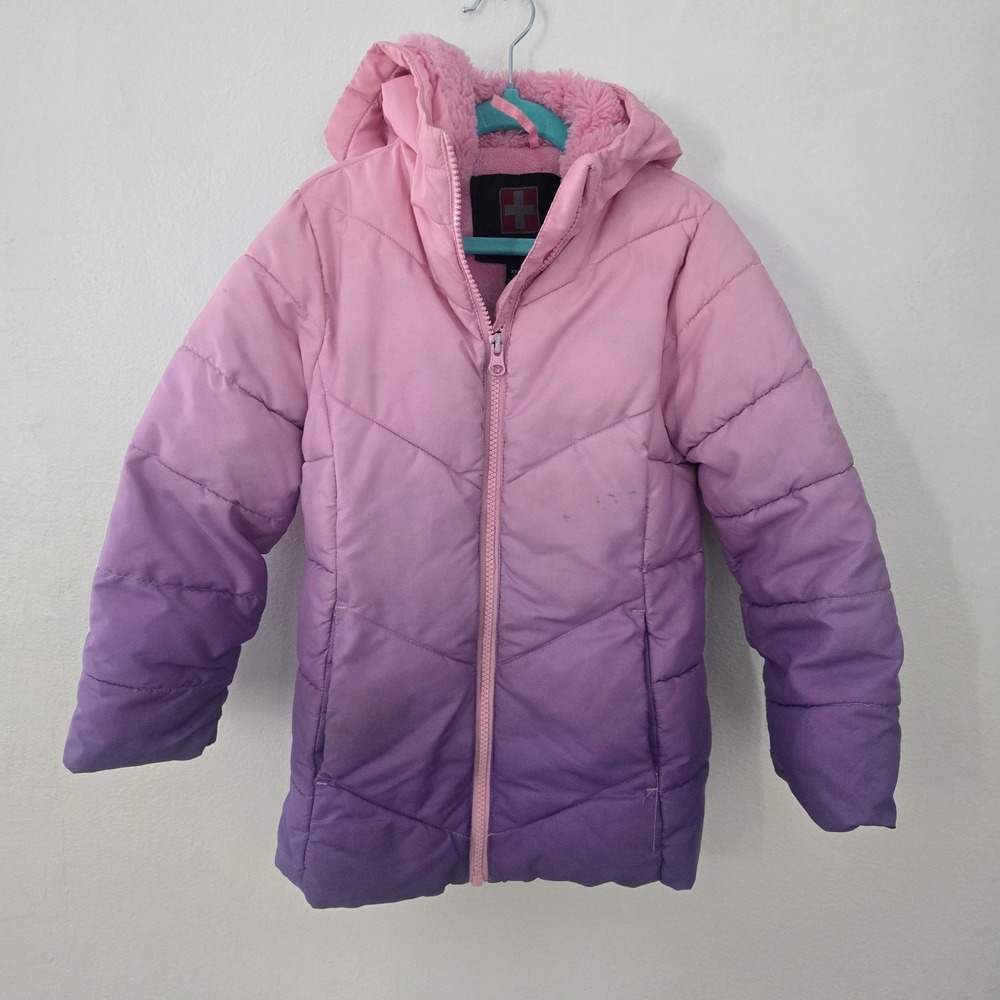 Swiss‎ Tech Kids Ombre Pink Purple Puffer Coat Hooded Zip Up Size XS 4-5